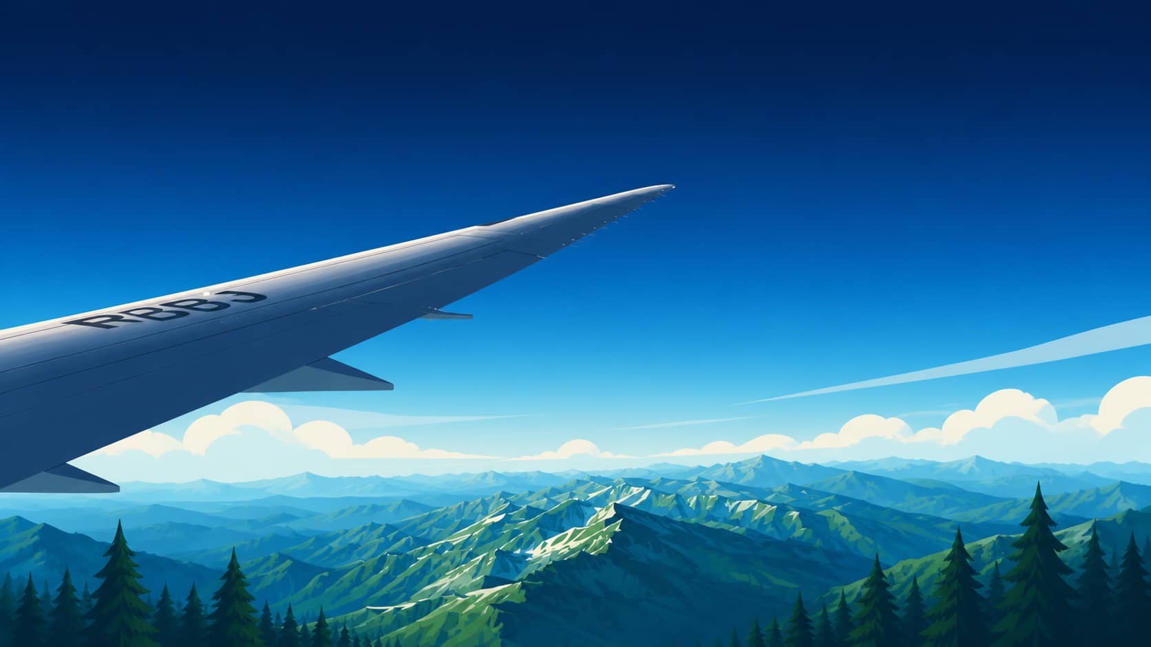 Airplane wing above a mountain landscape under a clear blue sky