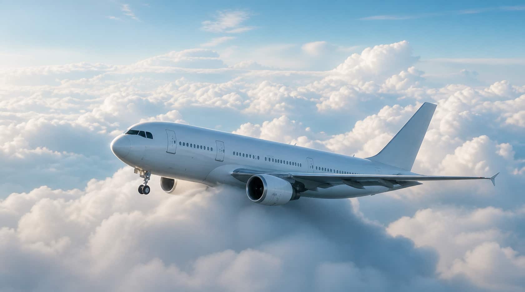 Passenger jet flying above the clouds