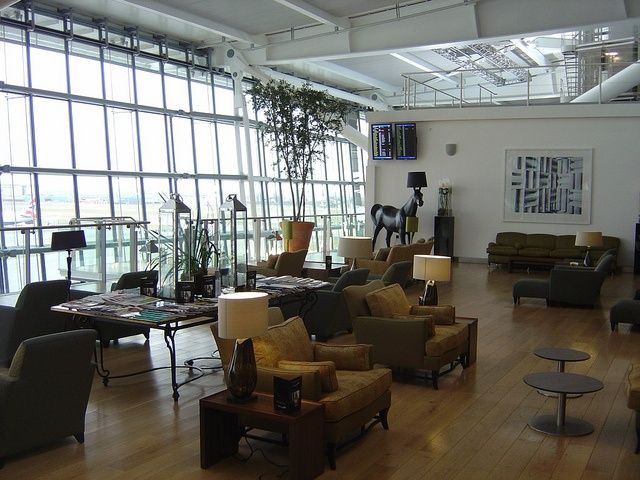 Airport lounge interior, the calm alternative to a crowded terminal during holiday travel