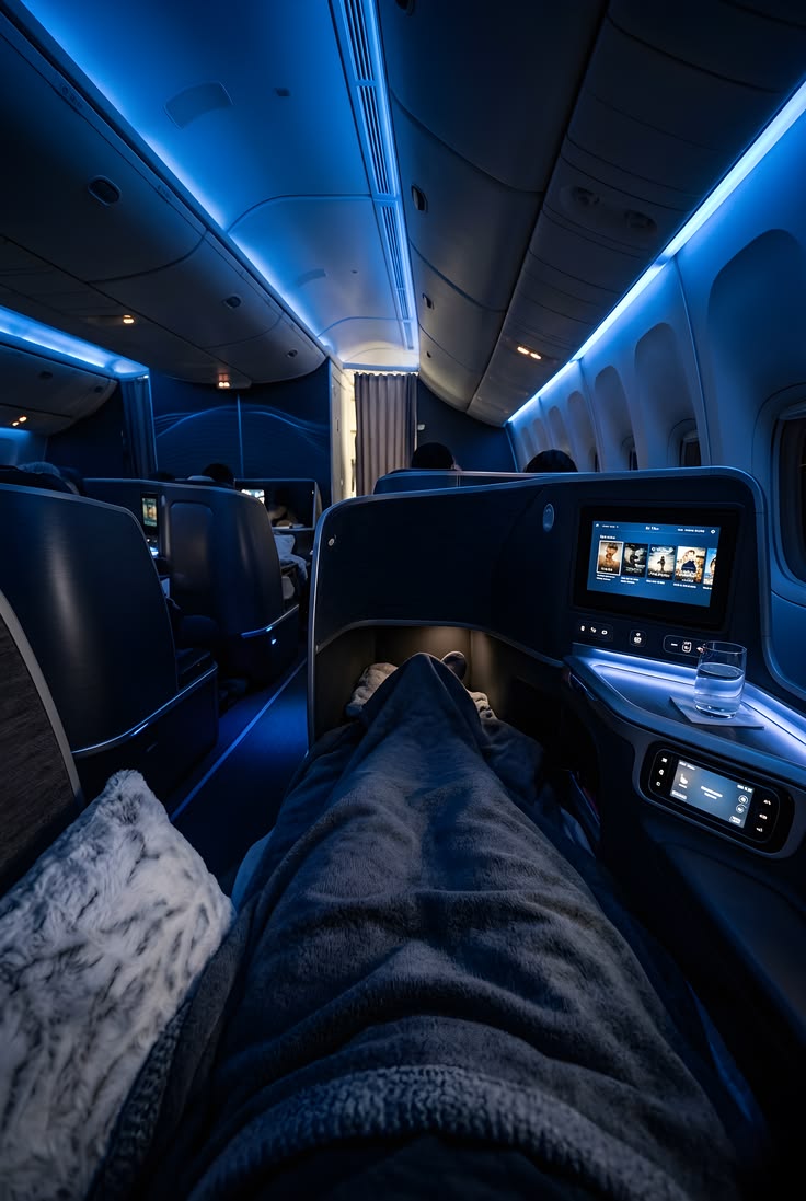 Business class flat bed at night with the cabin lights dimmed on a long haul flight